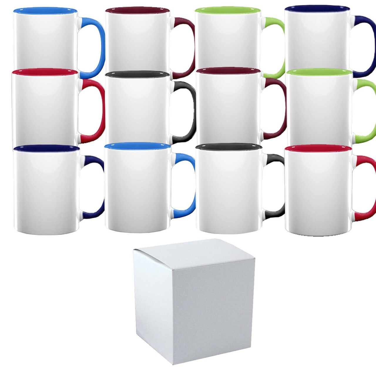 12 Pcs 11OZ MIXED colour Inner & Handle Sublimation Mugs With Individual White Boxes